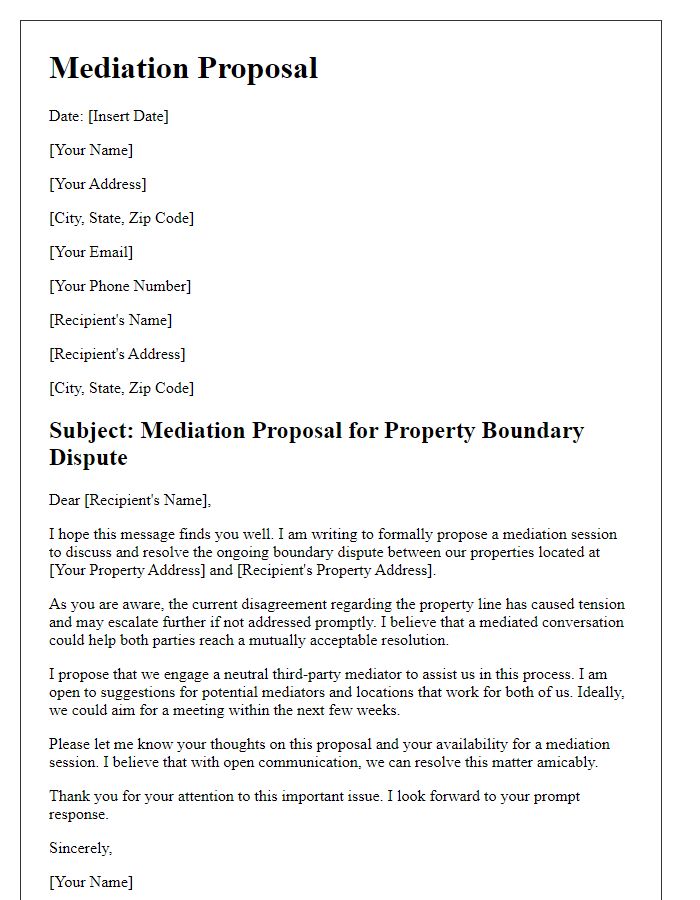 Letter template of Mediation Proposal for Property Boundary Conflict