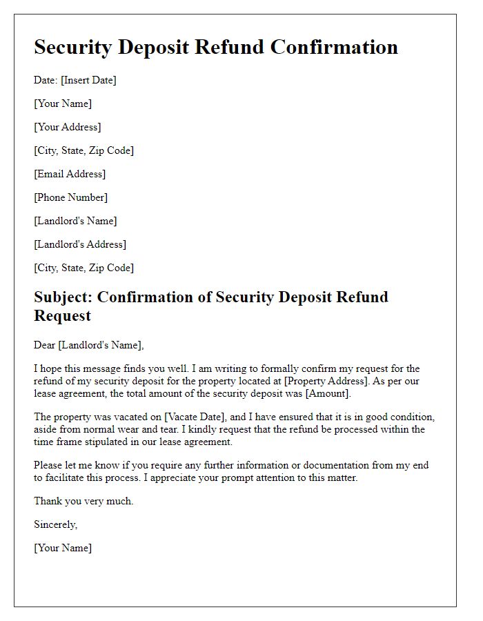 Letter template of confirmation for security deposit refund request