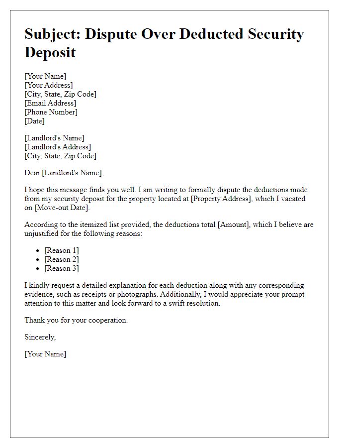 Letter template of dispute over deducted security deposit