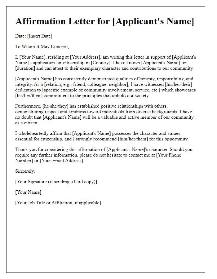 Letter template of affirmation for citizenship application focusing on character references.