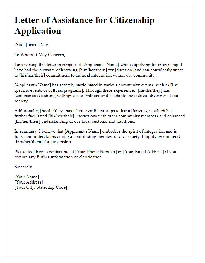 Letter template of assistance for citizenship application detailing cultural integration.