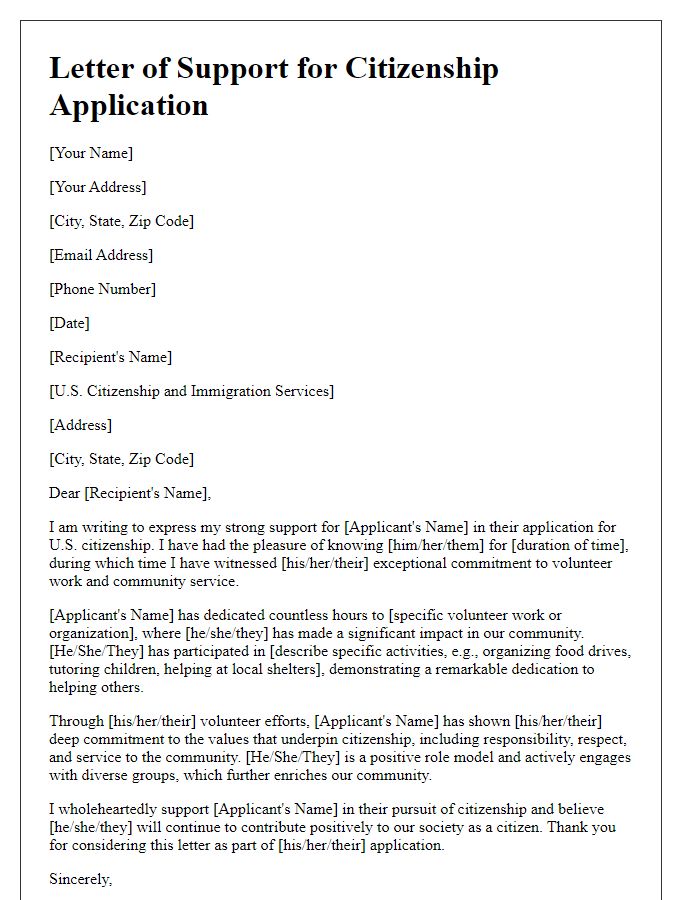 Letter template of support for citizenship application showcasing volunteer work.