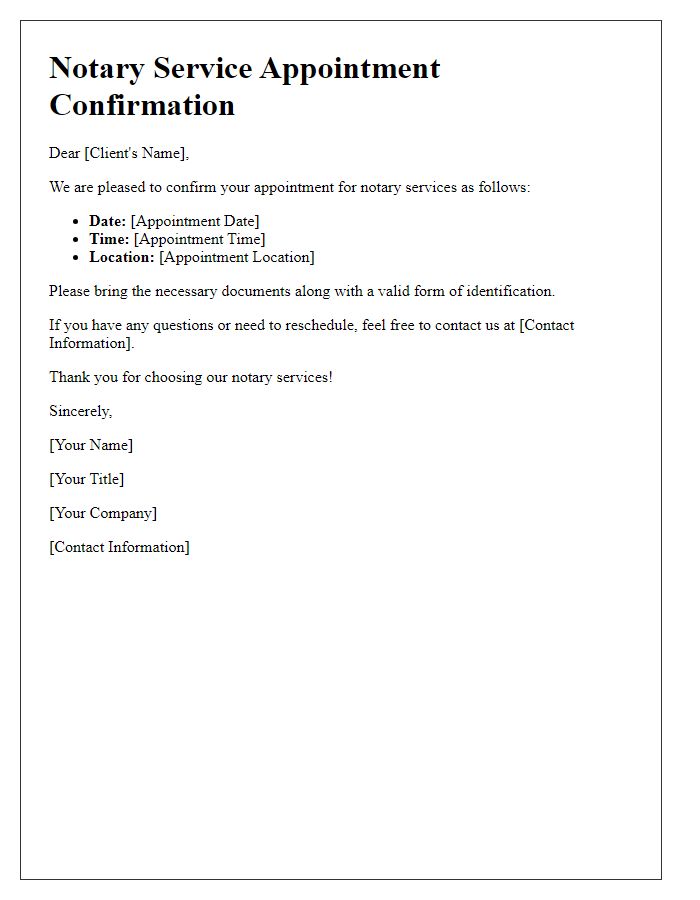 Letter template of notary service appointment confirmation