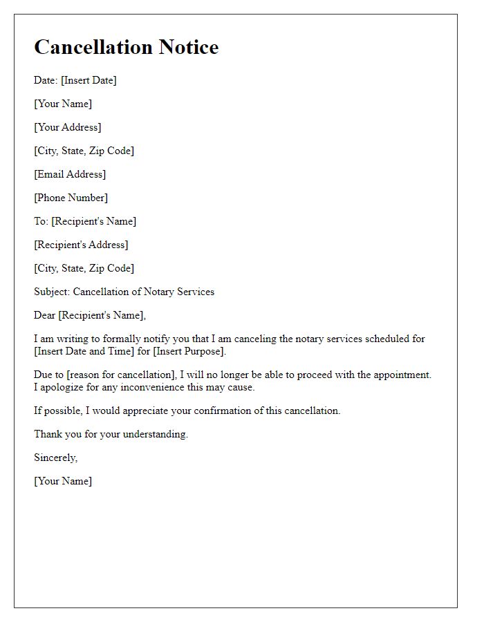 Letter template of notary service cancellation notice