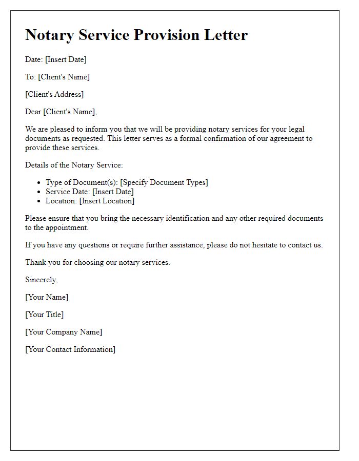 Letter template of notary service provision for legal documents