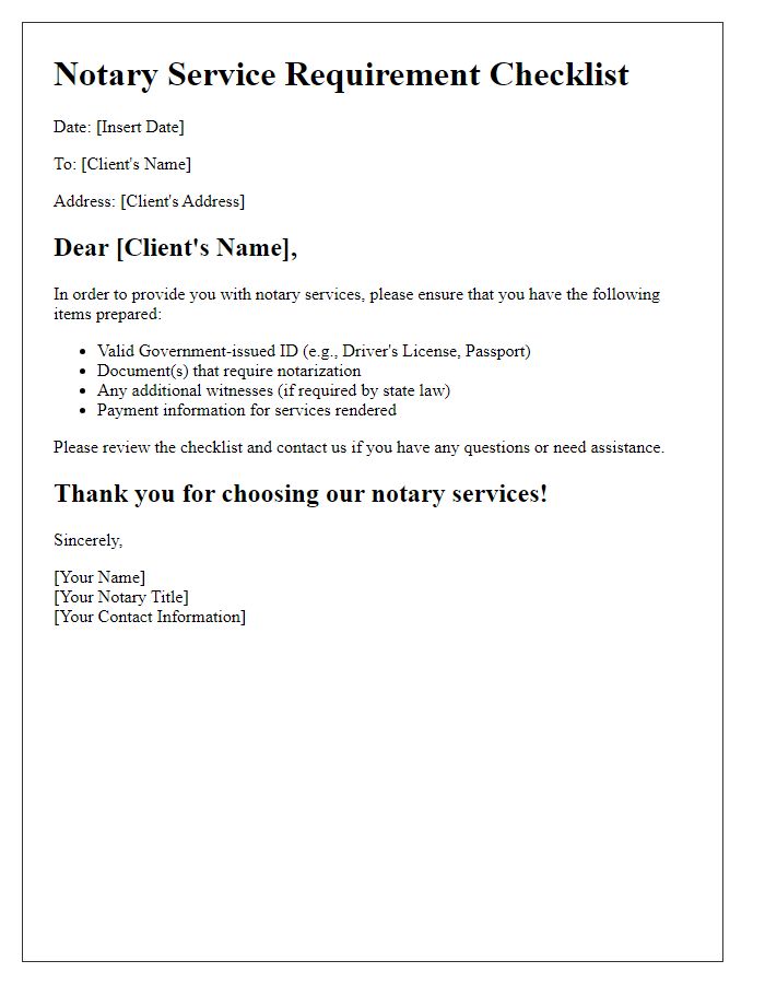 Letter template of notary service requirement checklist