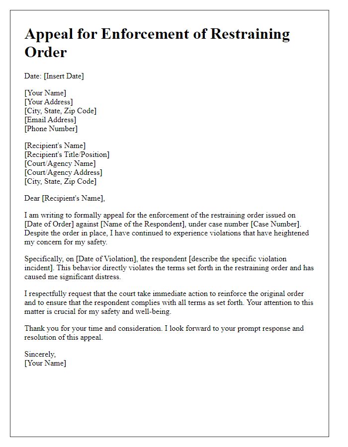 Letter template of restraining order enforcement appeal