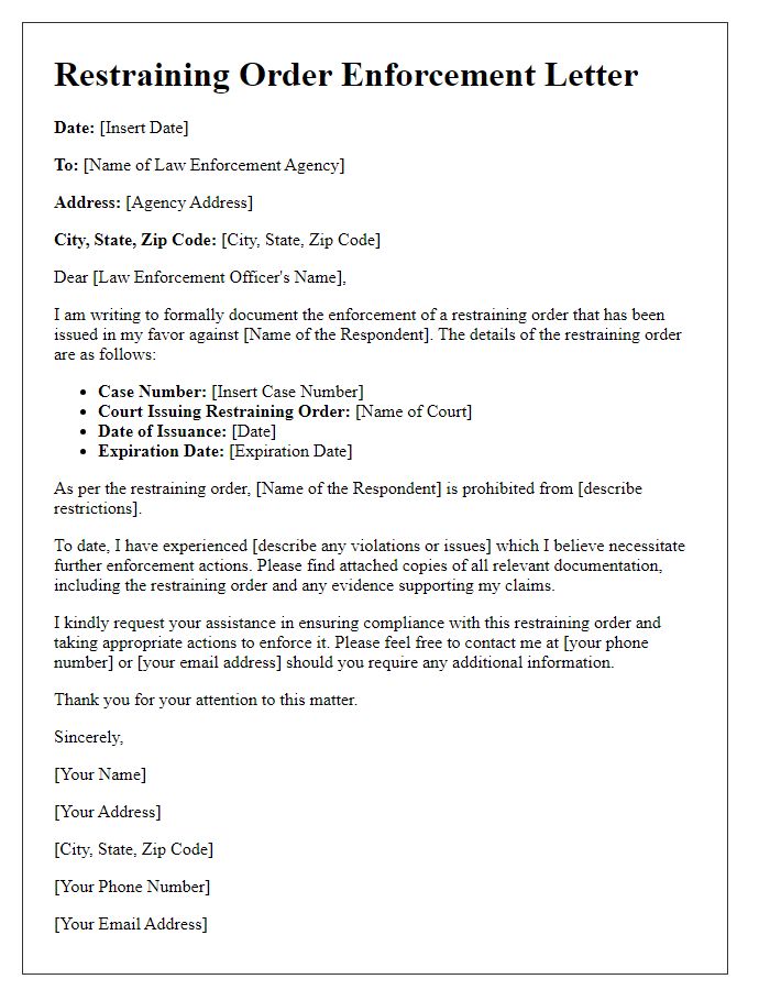 Letter template of restraining order enforcement documentation