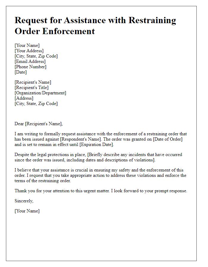 Letter template of restraining order enforcement request for assistance