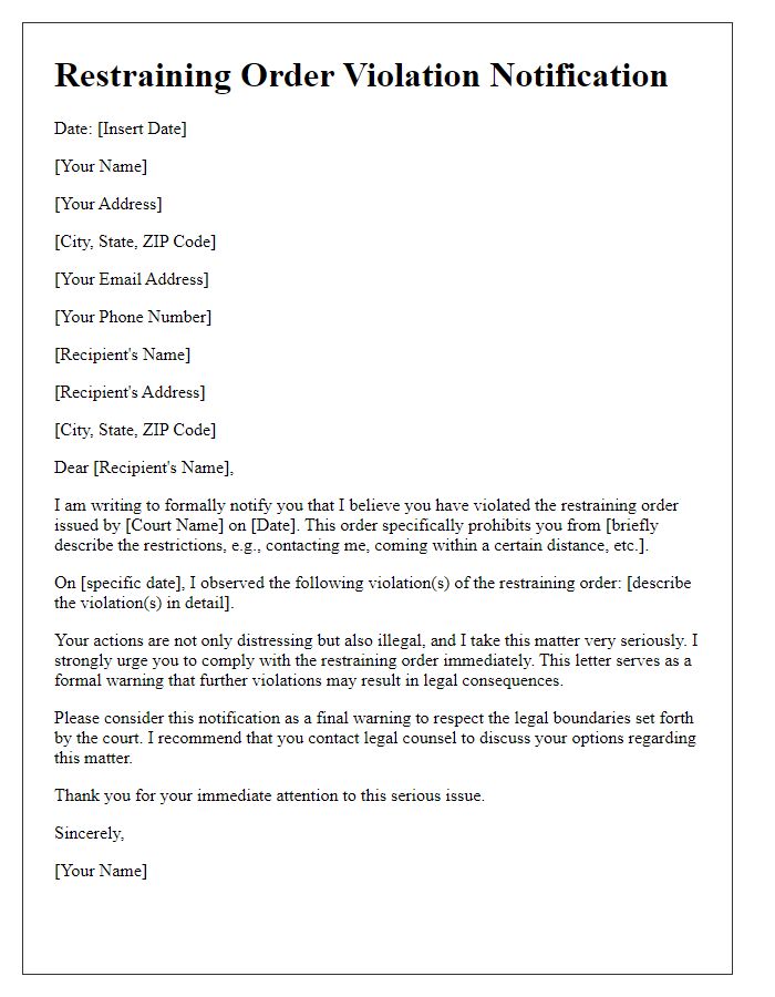 Letter template of restraining order violation notification