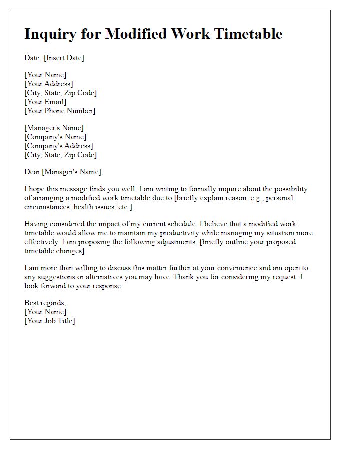 Letter template of inquiry for a modified work timetable