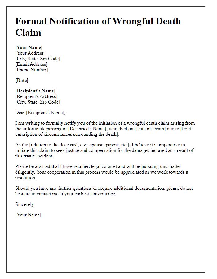 Letter template of formal notification for wrongful death claim initiation