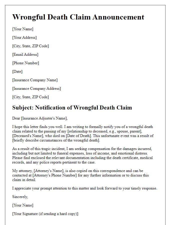 Letter template of wrongful death claim announcement to insurance company