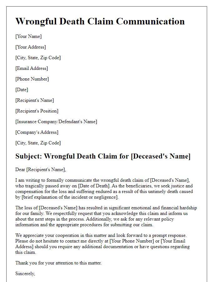 Letter template of wrongful death claim communication for beneficiaries