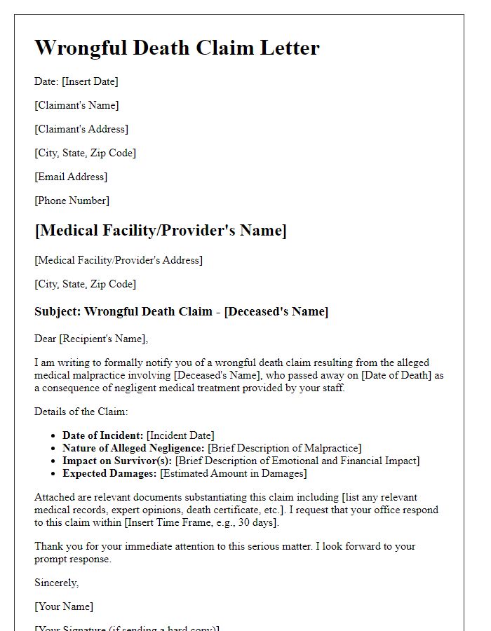 Letter template of wrongful death claim details for medical malpractice case