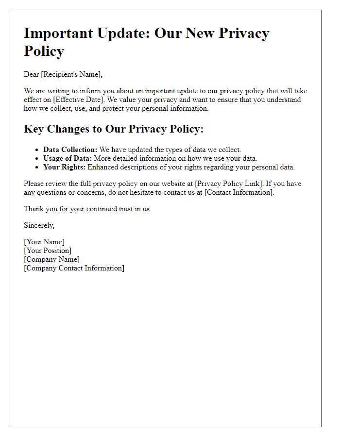 Letter template of new privacy policy details announcement