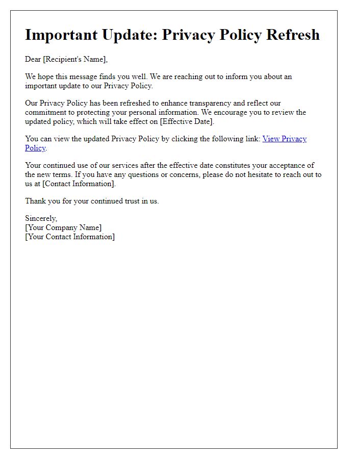 Letter template of privacy policy refresh news
