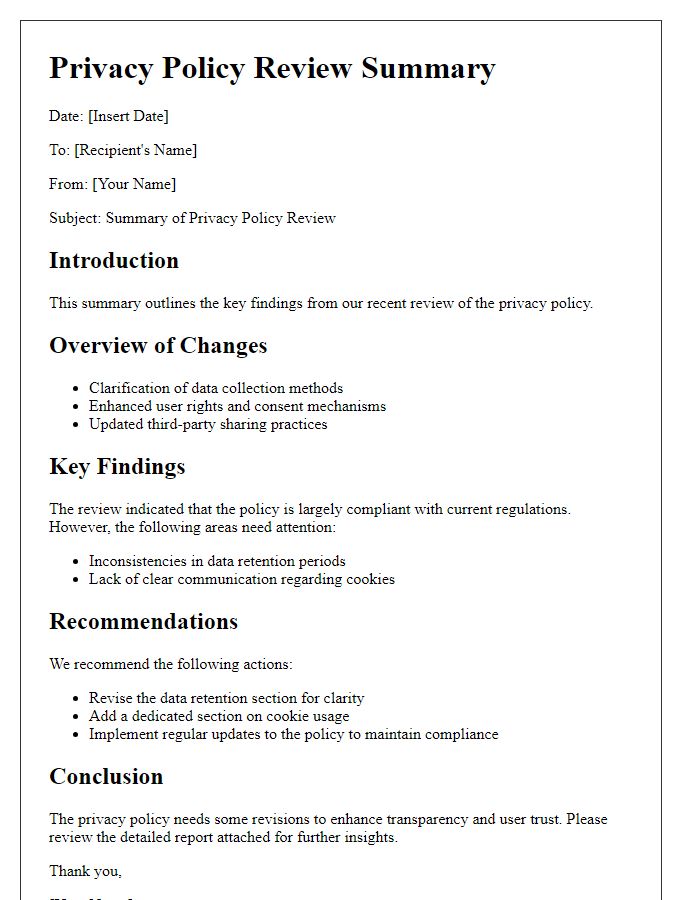 Letter template of privacy policy review summary