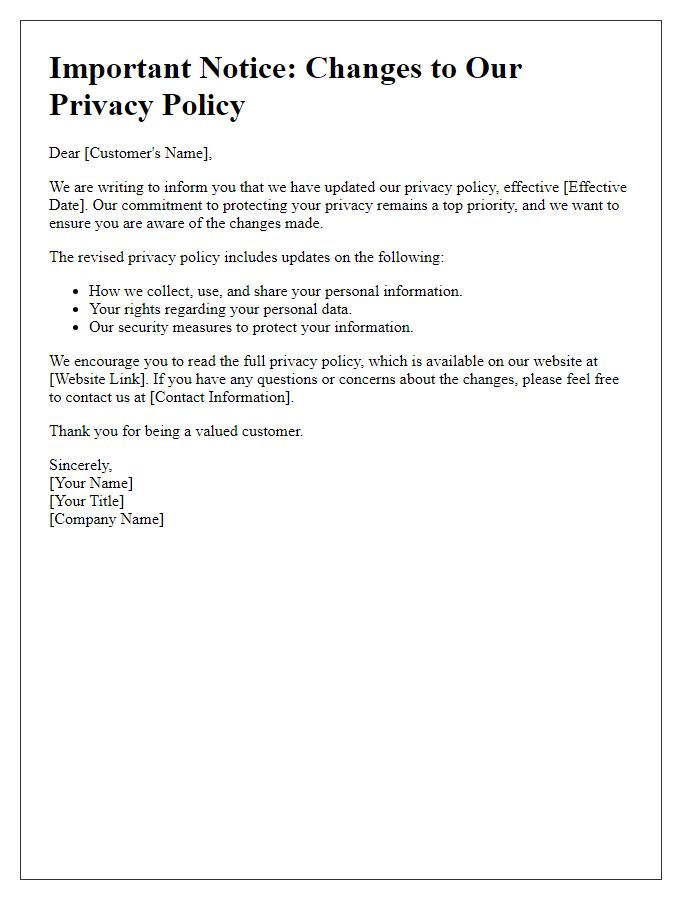 Letter template of privacy policy terms change notice