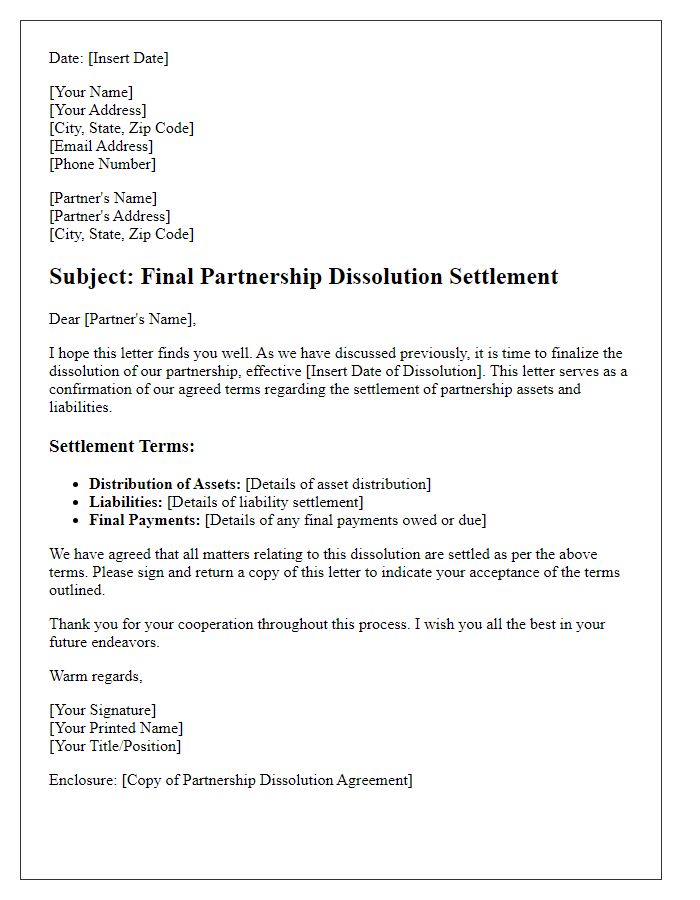 Letter template of final partnership dissolution settlement