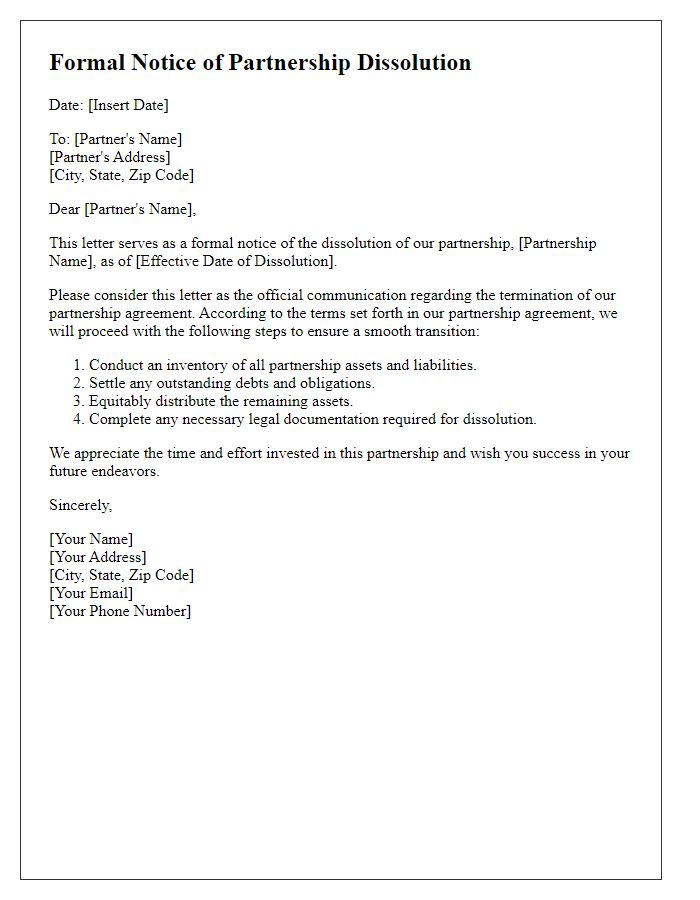 Letter template of formal notice of partnership dissolution