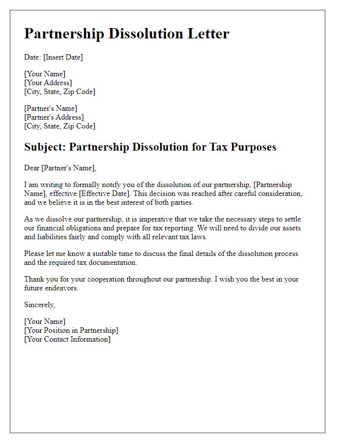 Letter template of partnership dissolution for tax purposes