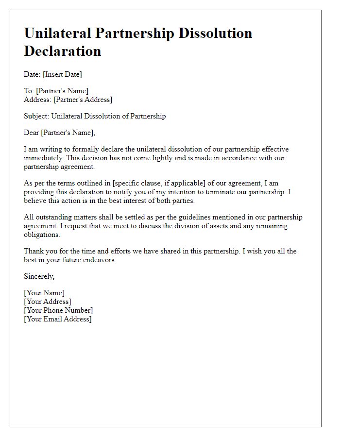 Letter template of unilateral partnership dissolution declaration