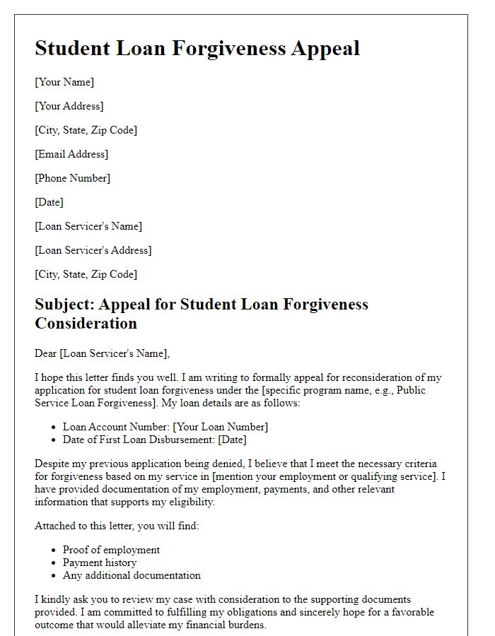 Letter template of appeal for student loan forgiveness consideration