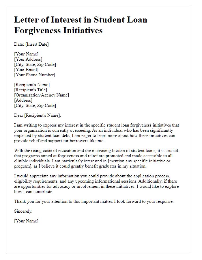 Letter template of interest in specific student loan forgiveness initiatives