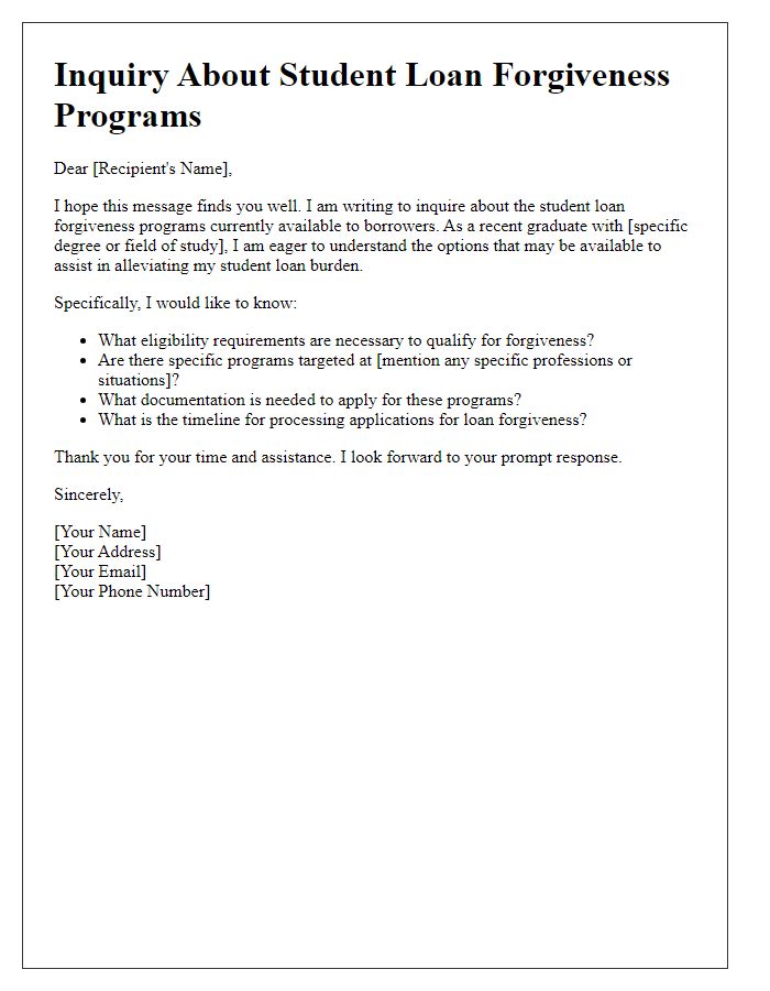 Letter template of question regarding student loan forgiveness programs