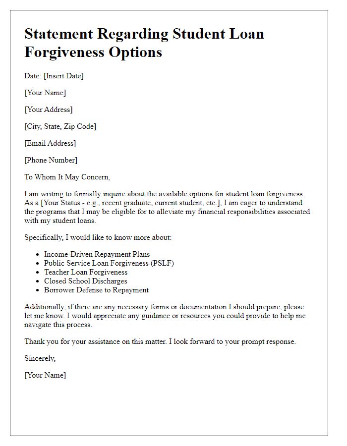 Letter template of statement regarding student loan forgiveness options