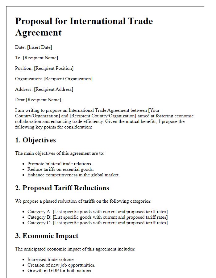 Letter template of International Trade Agreement Proposal with Tariff Reduction