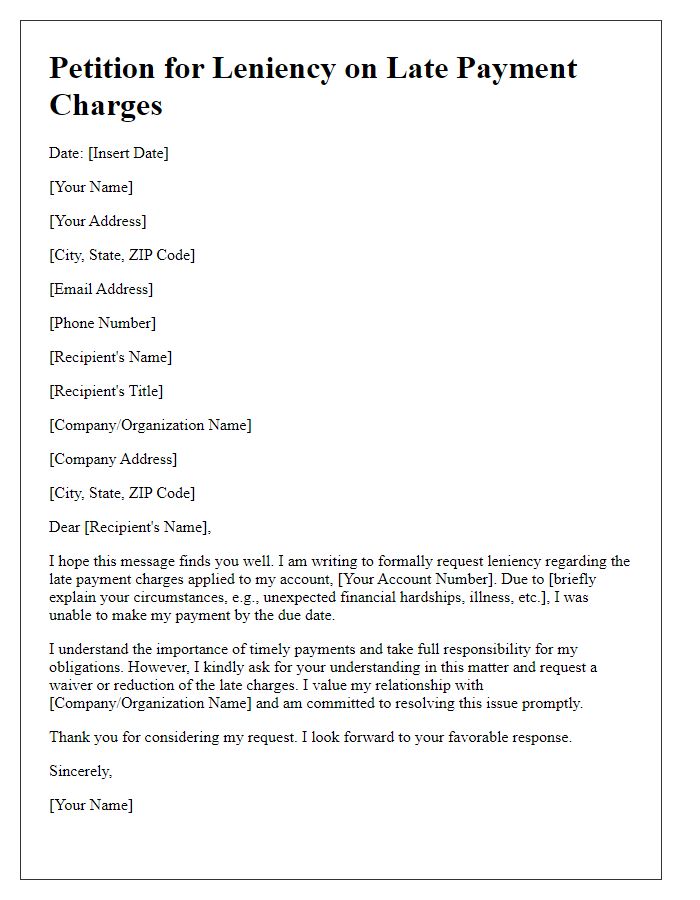 Letter template of petition for leniency on late payment charges