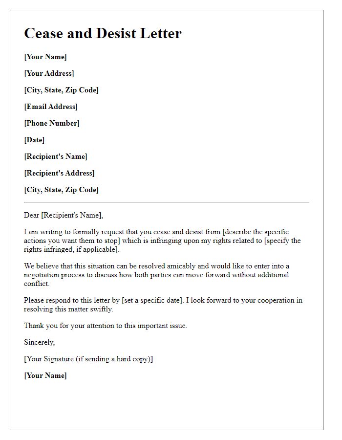 Letter template of cease and desist negotiation