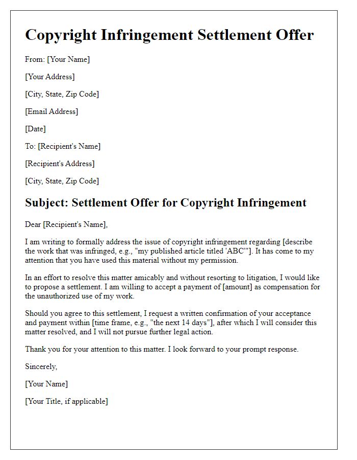 Letter template of copyright infringement settlement offer