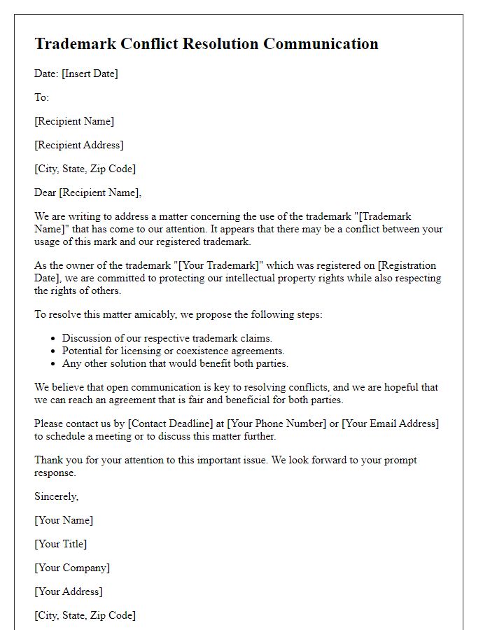 Letter template of trademark conflict resolution communication