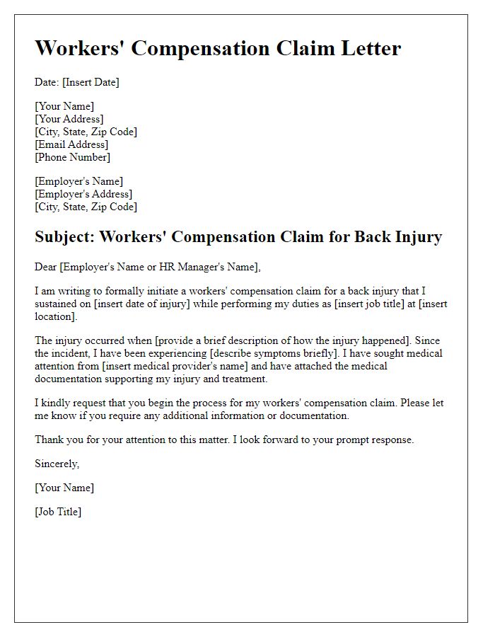 Letter template of workers' compensation claim documentation for a back injury