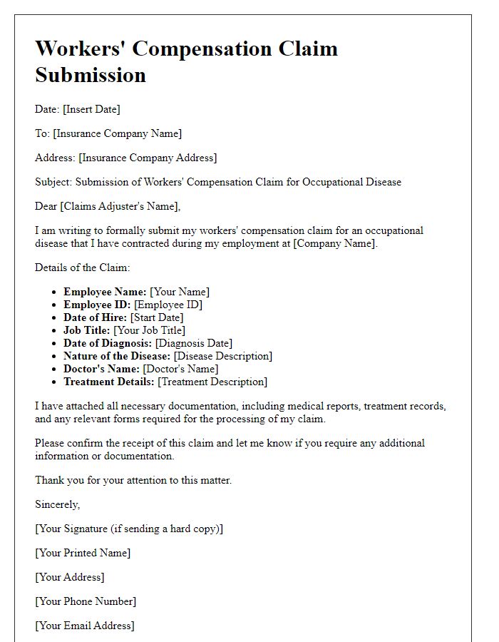 Letter template of workers' compensation claim submission for occupational disease