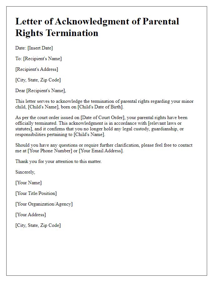 Letter template of acknowledgment of parental rights termination