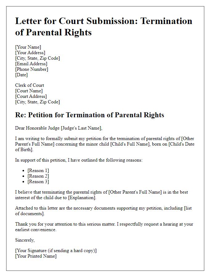 Letter template of court submission for parental rights termination