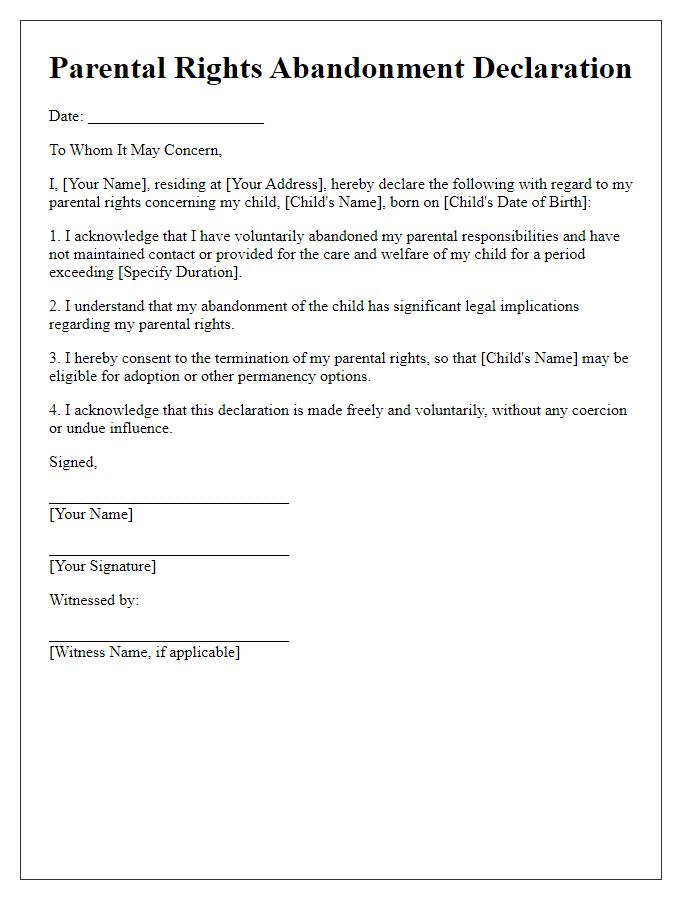 Letter template of parental rights abandonment declaration