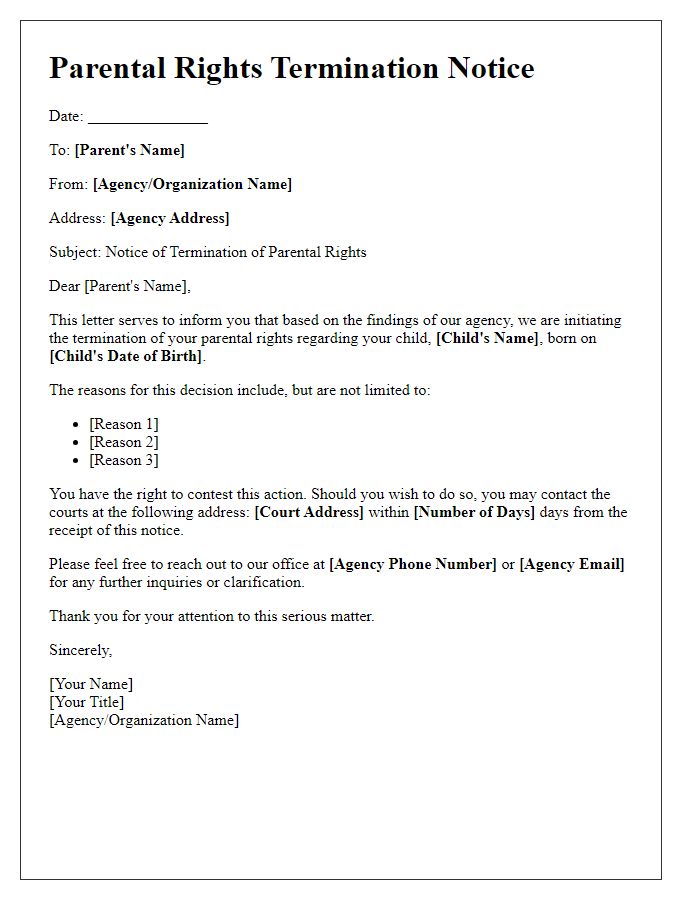 Letter template of parental rights termination notice