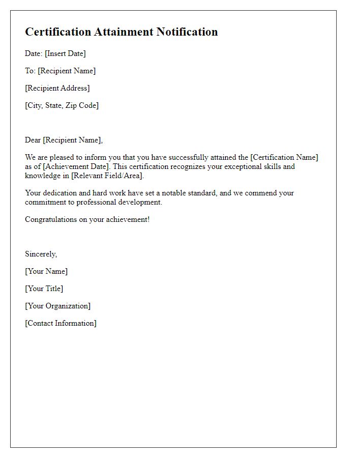 Letter template of certification attainment notification