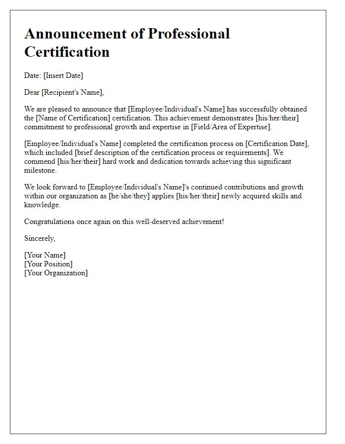 Letter template of professional certification announcement