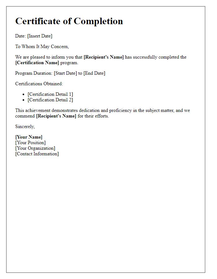 Letter template of successful certification completion