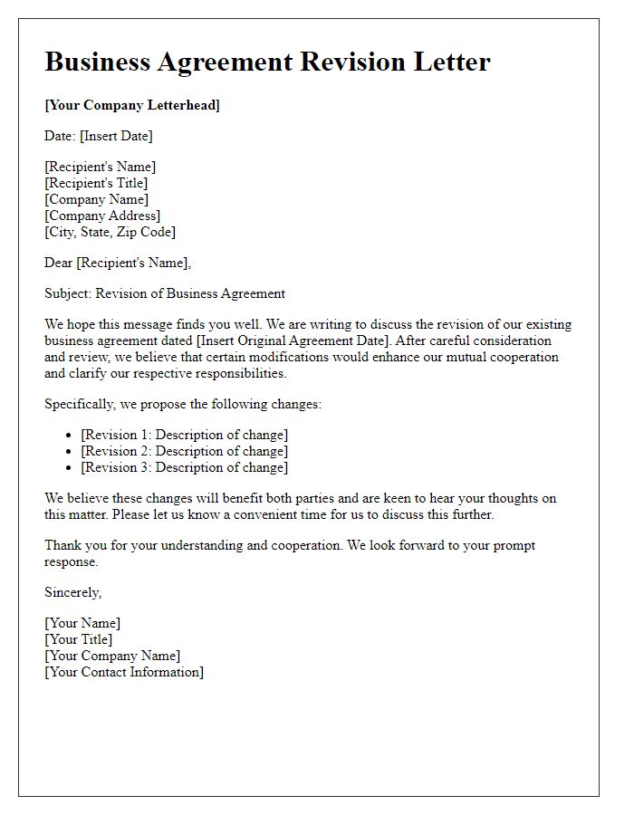 Letter template of business agreement revision