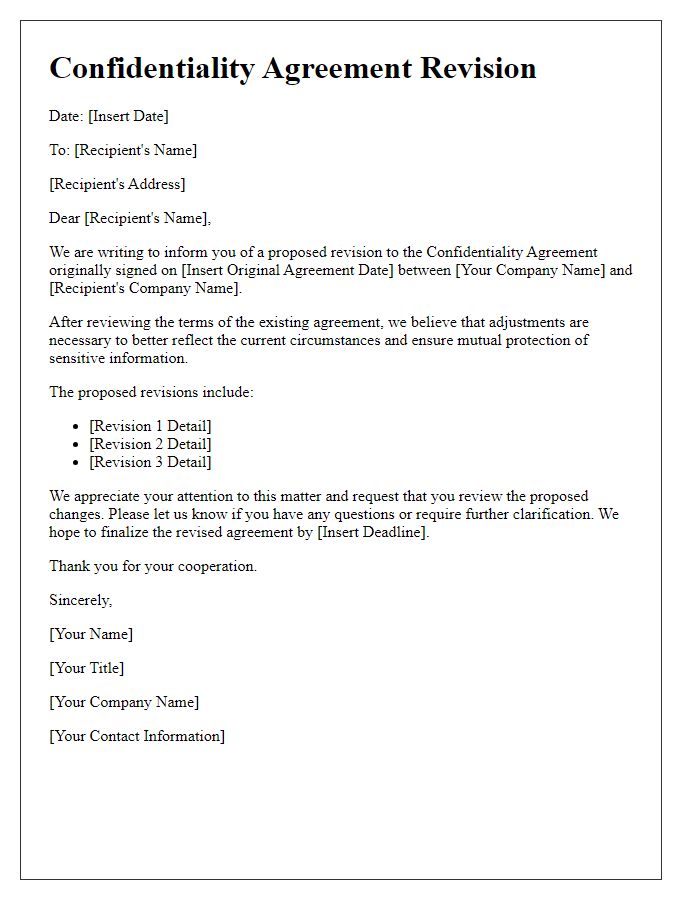 Letter template of confidentiality agreement revision