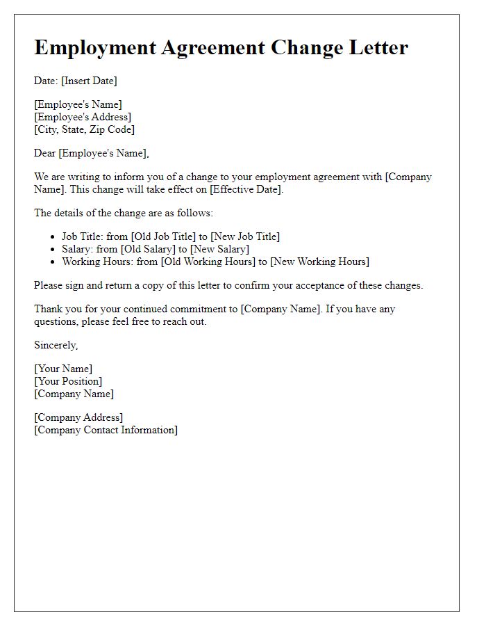 Letter template of employment agreement change