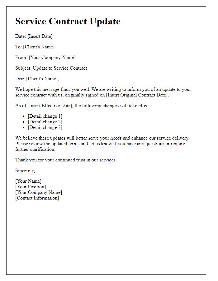 Letter template of service contract update