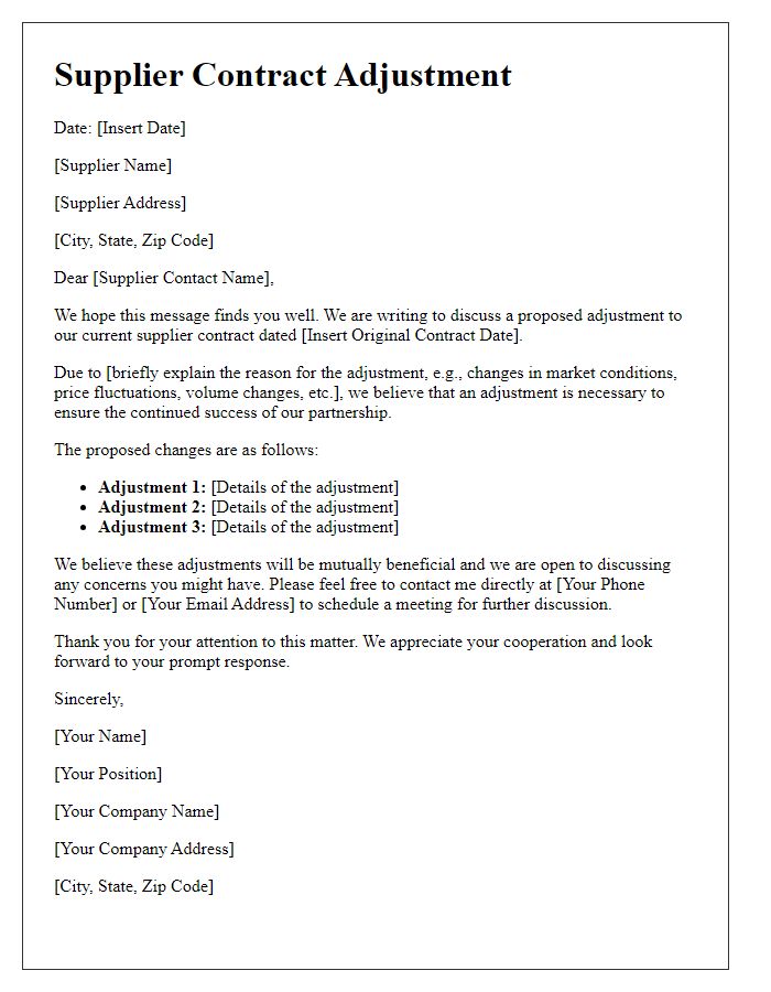 Letter template of supplier contract adjustment